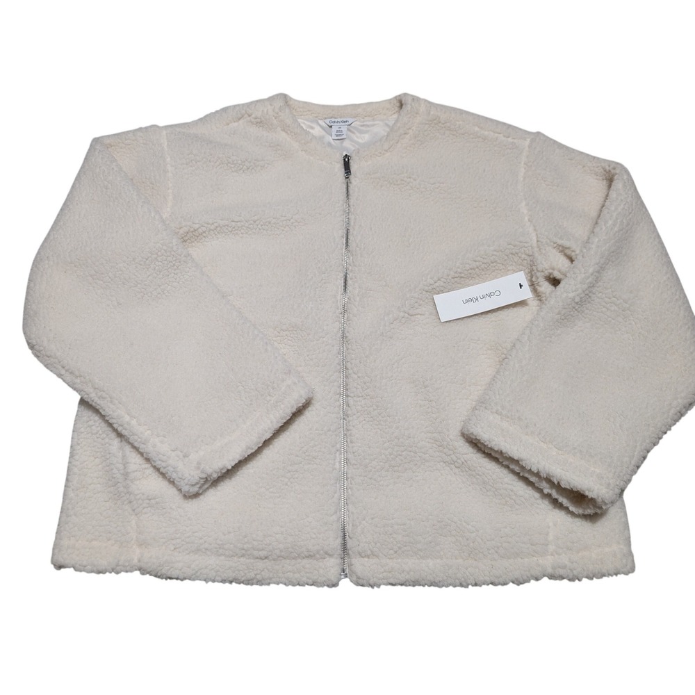 NWT Calvin Klein Women‎ Fleece Zip Up Jacket Tofu Cream Cozy Warm Size L